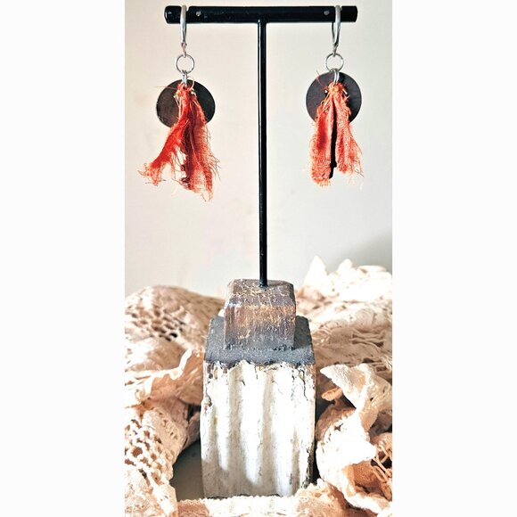 Vintage Rusty Key Earrings Rhinestones Sari Silk Silver Stainless Steel Findings - Picture 10 of 11